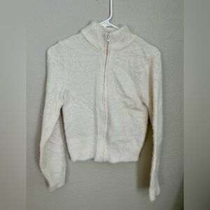 No Boundaries Cream Fuzzy Zip-Up Sweater Size 7 Juniors | Soft Cozy Mock Neck
